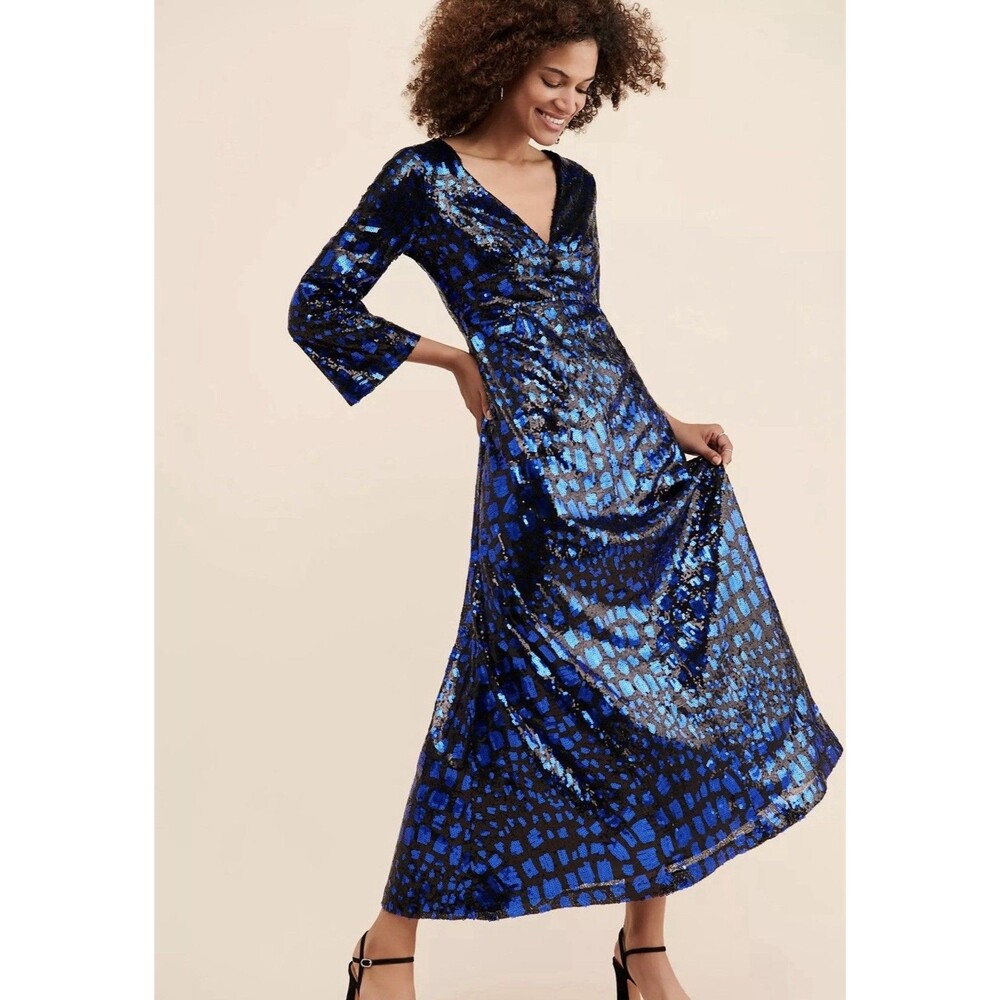 Antik Batik Blue Black Sequin Maxi Dress Size S Formal Evening Boho Luxe Gown